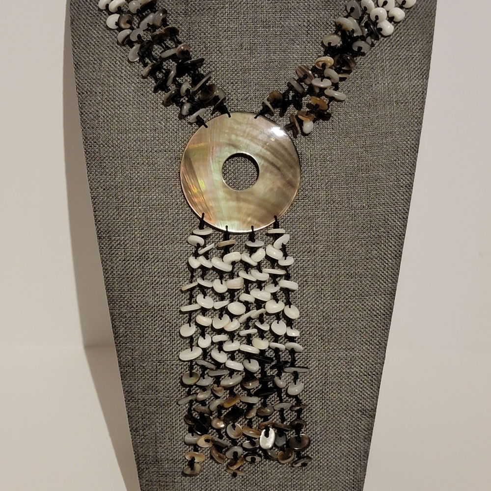 Iridescent Shell Disc 8 Rows Shell Beads Hand Kno… - image 1